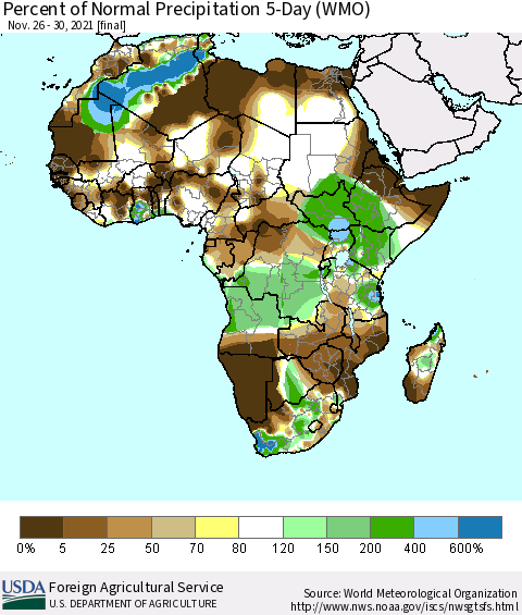 Africa Percent of Normal Precipitation 5-Day (WMO) Thematic Map For 11/26/2021 - 11/30/2021
