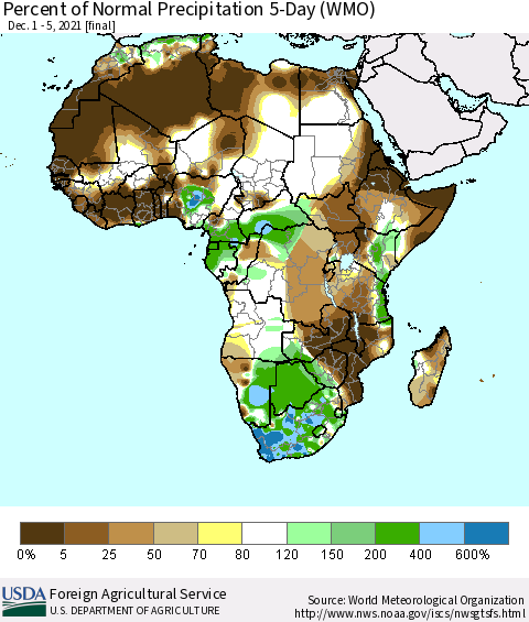 Africa Percent of Normal Precipitation 5-Day (WMO) Thematic Map For 12/1/2021 - 12/5/2021