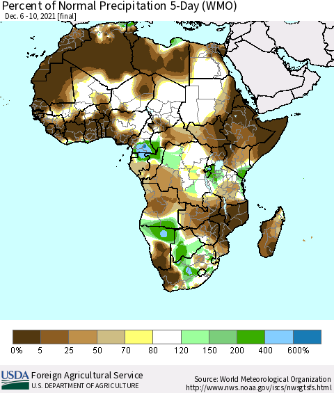 Africa Percent of Normal Precipitation 5-Day (WMO) Thematic Map For 12/6/2021 - 12/10/2021