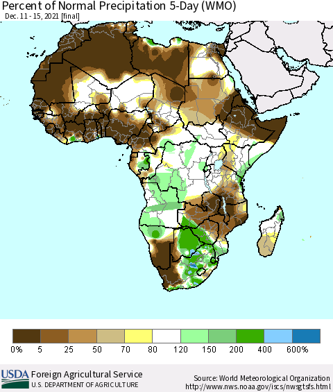 Africa Percent of Normal Precipitation 5-Day (WMO) Thematic Map For 12/11/2021 - 12/15/2021