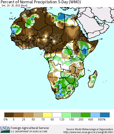 Africa Percent of Normal Precipitation 5-Day (WMO) Thematic Map For 12/16/2021 - 12/20/2021
