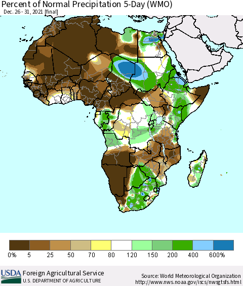 Africa Percent of Normal Precipitation 5-Day (WMO) Thematic Map For 12/26/2021 - 12/31/2021