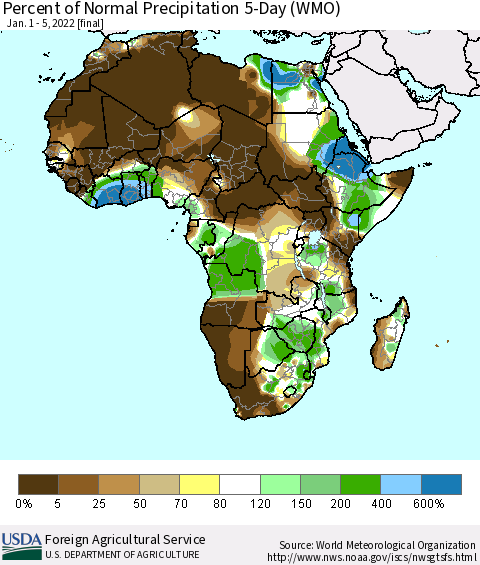 Africa Percent of Normal Precipitation 5-Day (WMO) Thematic Map For 1/1/2022 - 1/5/2022