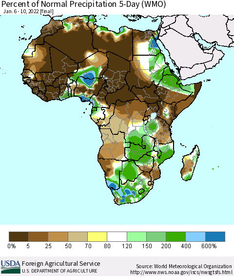 Africa Percent of Normal Precipitation 5-Day (WMO) Thematic Map For 1/6/2022 - 1/10/2022