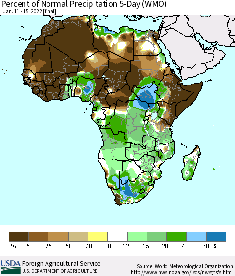 Africa Percent of Normal Precipitation 5-Day (WMO) Thematic Map For 1/11/2022 - 1/15/2022