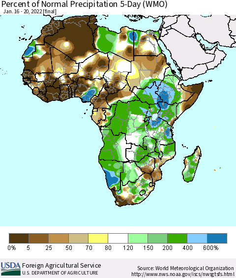 Africa Percent of Normal Precipitation 5-Day (WMO) Thematic Map For 1/16/2022 - 1/20/2022