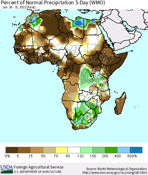 Africa Percent of Normal Precipitation 5-Day (WMO) Thematic Map For 1/26/2022 - 1/31/2022