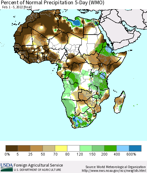 Africa Percent of Normal Precipitation 5-Day (WMO) Thematic Map For 2/1/2022 - 2/5/2022