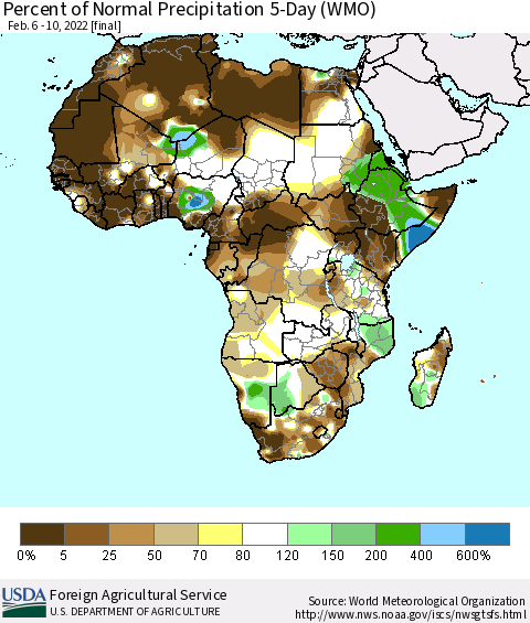 Africa Percent of Normal Precipitation 5-Day (WMO) Thematic Map For 2/6/2022 - 2/10/2022