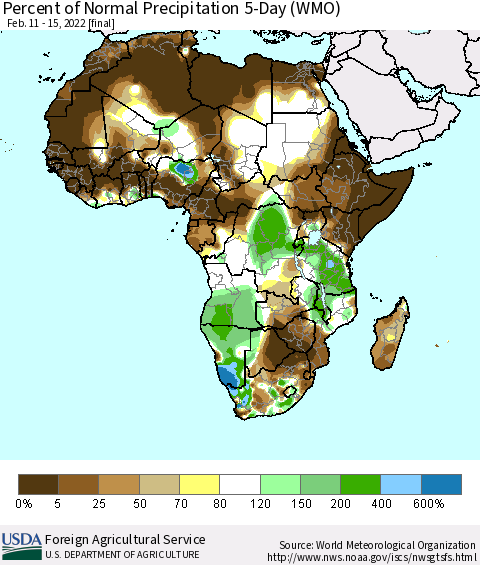 Africa Percent of Normal Precipitation 5-Day (WMO) Thematic Map For 2/11/2022 - 2/15/2022
