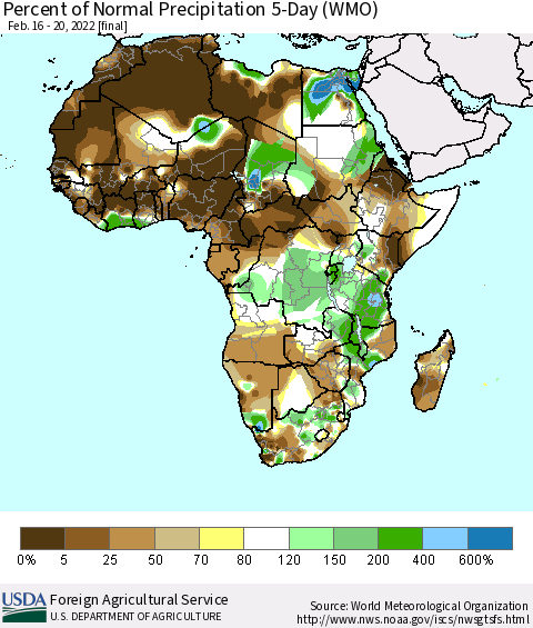 Africa Percent of Normal Precipitation 5-Day (WMO) Thematic Map For 2/16/2022 - 2/20/2022