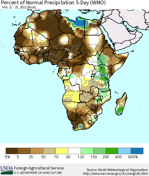 Africa Percent of Normal Precipitation 5-Day (WMO) Thematic Map For 2/21/2022 - 2/25/2022