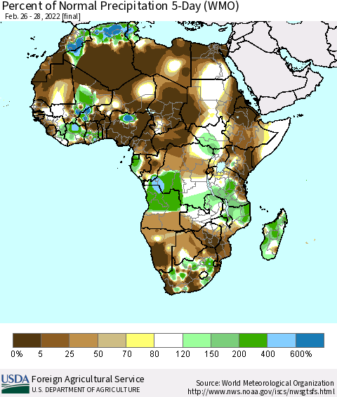 Africa Percent of Normal Precipitation 5-Day (WMO) Thematic Map For 2/26/2022 - 2/28/2022