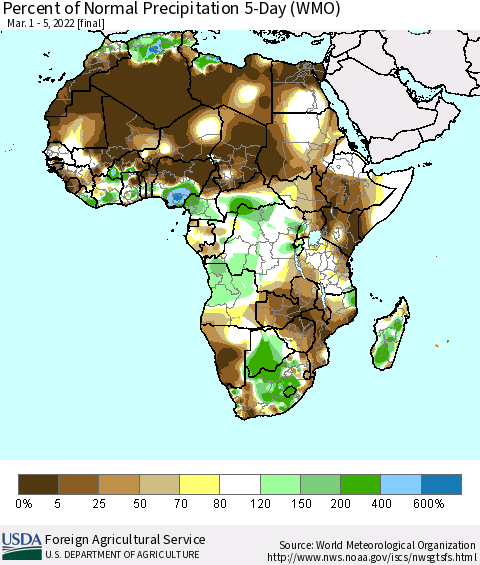 Africa Percent of Normal Precipitation 5-Day (WMO) Thematic Map For 3/1/2022 - 3/5/2022