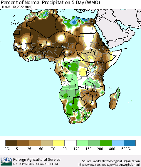 Africa Percent of Normal Precipitation 5-Day (WMO) Thematic Map For 3/6/2022 - 3/10/2022