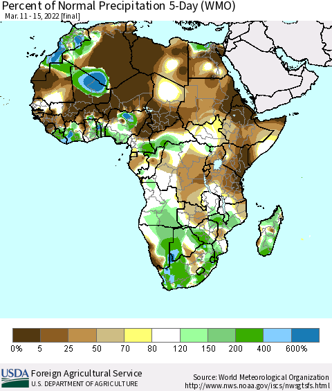 Africa Percent of Normal Precipitation 5-Day (WMO) Thematic Map For 3/11/2022 - 3/15/2022