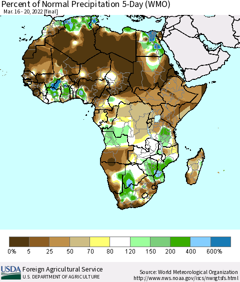 Africa Percent of Normal Precipitation 5-Day (WMO) Thematic Map For 3/16/2022 - 3/20/2022