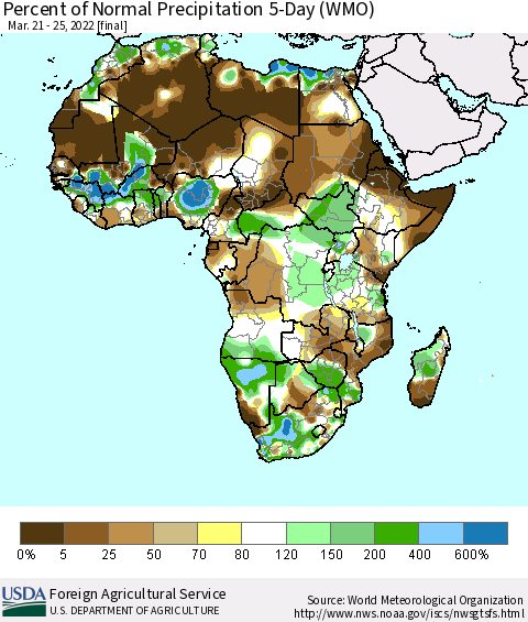Africa Percent of Normal Precipitation 5-Day (WMO) Thematic Map For 3/21/2022 - 3/25/2022