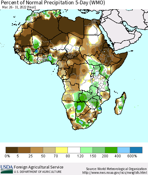 Africa Percent of Normal Precipitation 5-Day (WMO) Thematic Map For 3/26/2022 - 3/31/2022