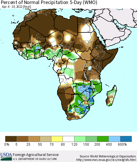 Africa Percent of Normal Precipitation 5-Day (WMO) Thematic Map For 4/6/2022 - 4/10/2022