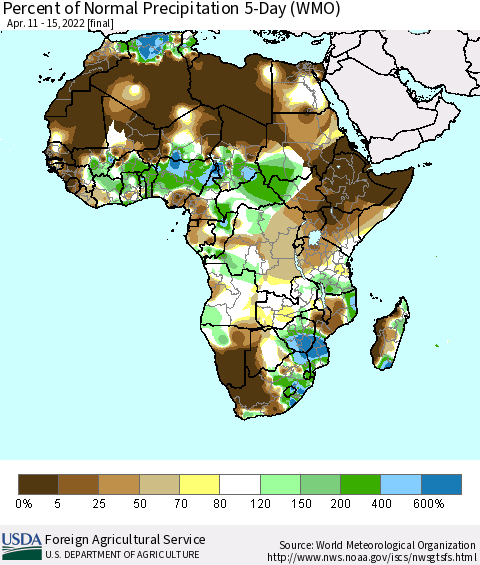 Africa Percent of Normal Precipitation 5-Day (WMO) Thematic Map For 4/11/2022 - 4/15/2022