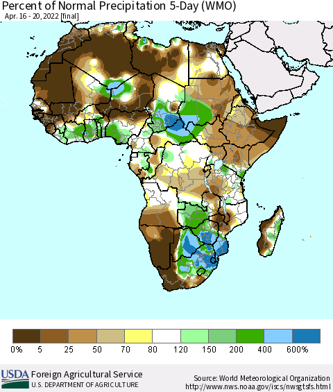 Africa Percent of Normal Precipitation 5-Day (WMO) Thematic Map For 4/16/2022 - 4/20/2022