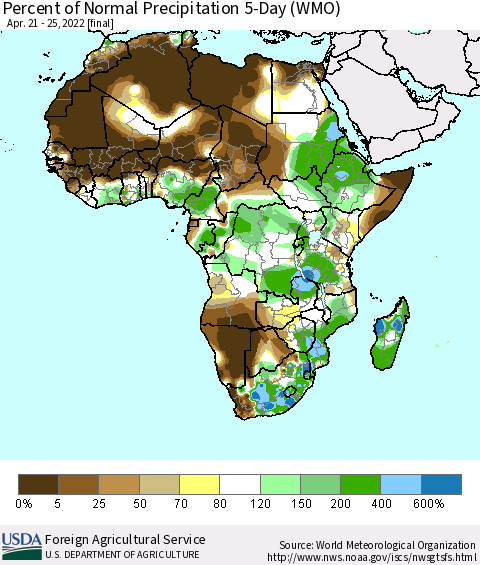 Africa Percent of Normal Precipitation 5-Day (WMO) Thematic Map For 4/21/2022 - 4/25/2022