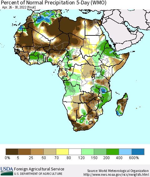 Africa Percent of Normal Precipitation 5-Day (WMO) Thematic Map For 4/26/2022 - 4/30/2022