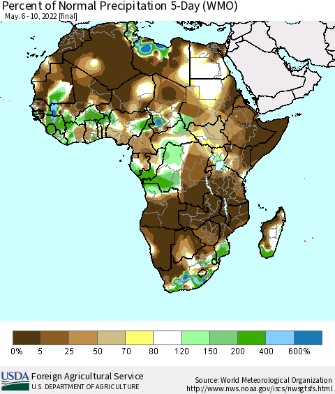 Africa Percent of Normal Precipitation 5-Day (WMO) Thematic Map For 5/6/2022 - 5/10/2022