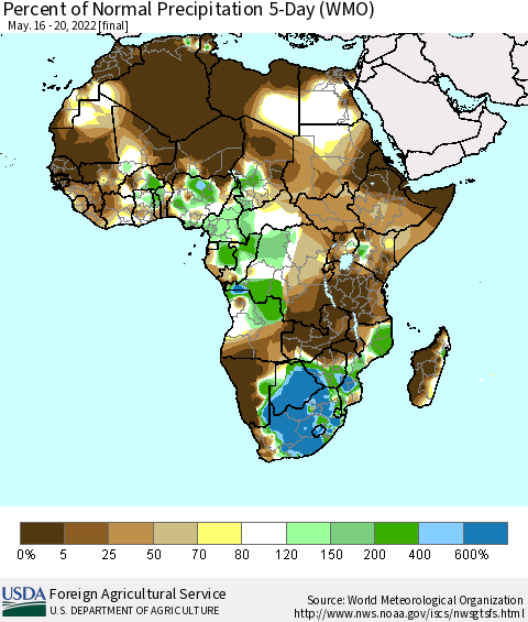 Africa Percent of Normal Precipitation 5-Day (WMO) Thematic Map For 5/16/2022 - 5/20/2022