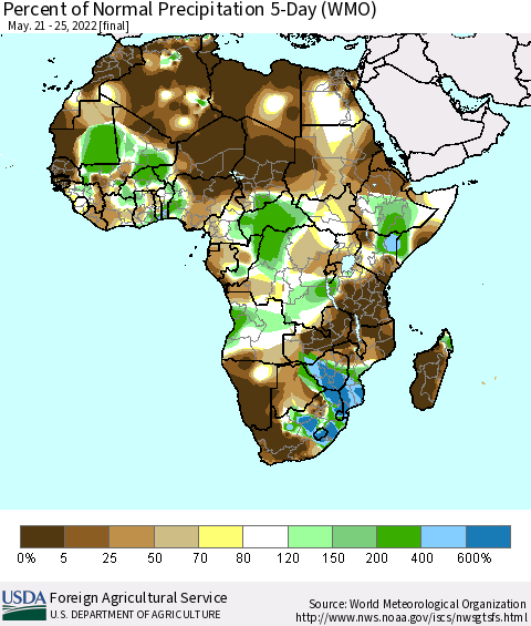 Africa Percent of Normal Precipitation 5-Day (WMO) Thematic Map For 5/21/2022 - 5/25/2022