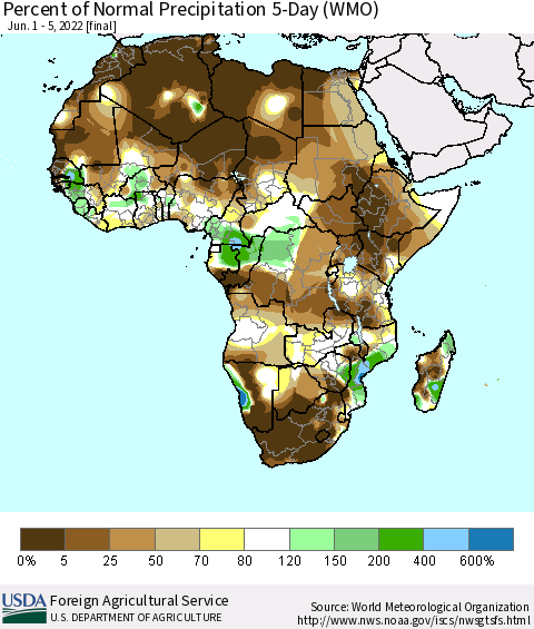 Africa Percent of Normal Precipitation 5-Day (WMO) Thematic Map For 6/1/2022 - 6/5/2022