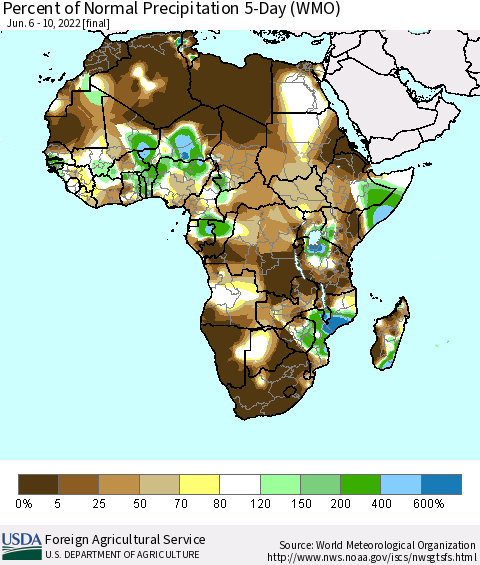 Africa Percent of Normal Precipitation 5-Day (WMO) Thematic Map For 6/6/2022 - 6/10/2022