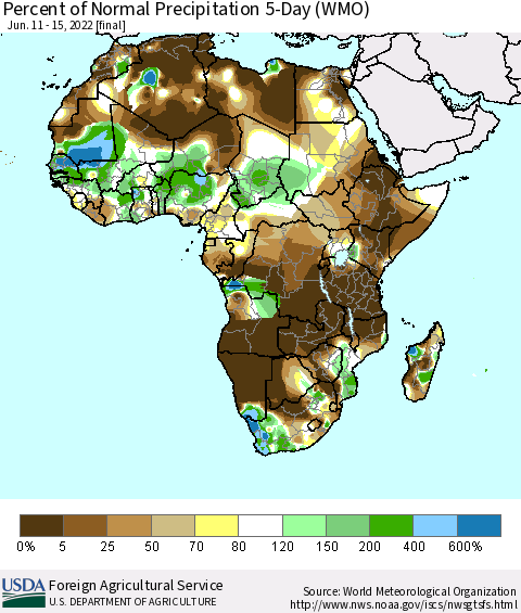 Africa Percent of Normal Precipitation 5-Day (WMO) Thematic Map For 6/11/2022 - 6/15/2022