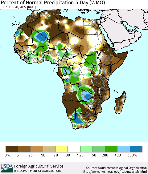 Africa Percent of Normal Precipitation 5-Day (WMO) Thematic Map For 6/16/2022 - 6/20/2022