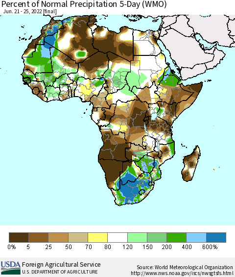 Africa Percent of Normal Precipitation 5-Day (WMO) Thematic Map For 6/21/2022 - 6/25/2022