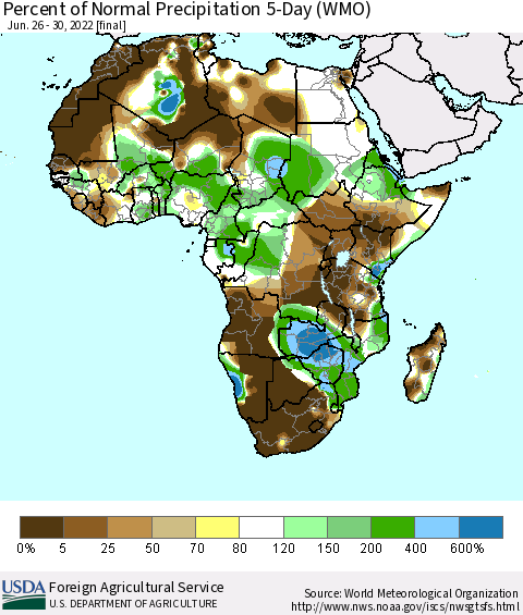 Africa Percent of Normal Precipitation 5-Day (WMO) Thematic Map For 6/26/2022 - 6/30/2022