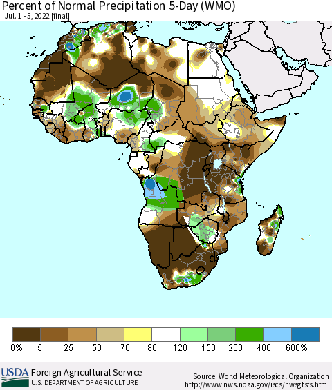 Africa Percent of Normal Precipitation 5-Day (WMO) Thematic Map For 7/1/2022 - 7/5/2022