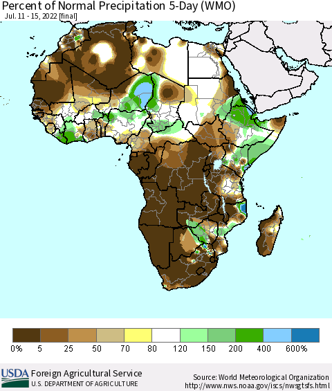 Africa Percent of Normal Precipitation 5-Day (WMO) Thematic Map For 7/11/2022 - 7/15/2022