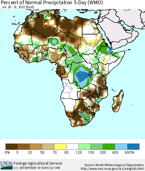 Africa Percent of Normal Precipitation 5-Day (WMO) Thematic Map For 7/26/2022 - 7/31/2022