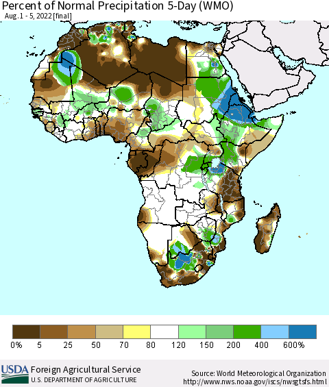 Africa Percent of Normal Precipitation 5-Day (WMO) Thematic Map For 8/1/2022 - 8/5/2022