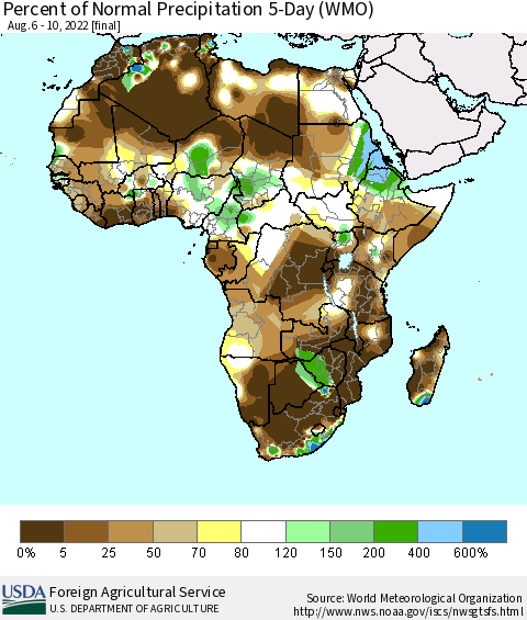 Africa Percent of Normal Precipitation 5-Day (WMO) Thematic Map For 8/6/2022 - 8/10/2022