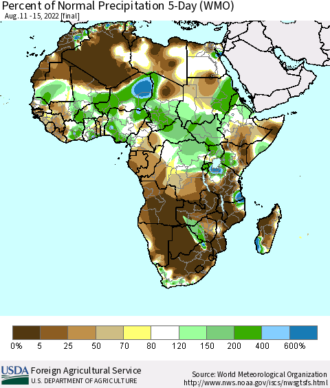 Africa Percent of Normal Precipitation 5-Day (WMO) Thematic Map For 8/11/2022 - 8/15/2022