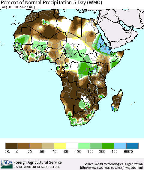 Africa Percent of Normal Precipitation 5-Day (WMO) Thematic Map For 8/16/2022 - 8/20/2022