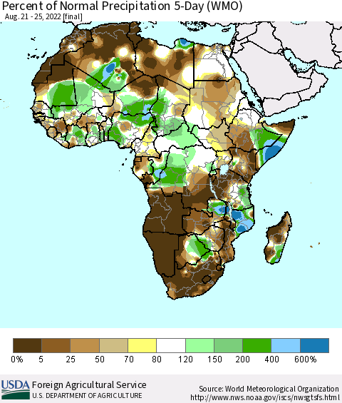 Africa Percent of Normal Precipitation 5-Day (WMO) Thematic Map For 8/21/2022 - 8/25/2022