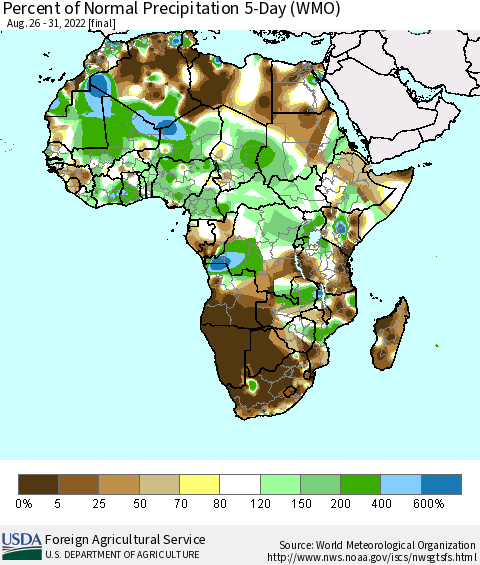 Africa Percent of Normal Precipitation 5-Day (WMO) Thematic Map For 8/26/2022 - 8/31/2022