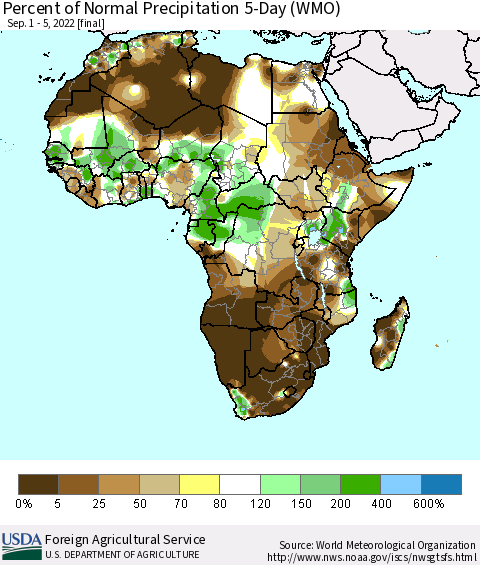 Africa Percent of Normal Precipitation 5-Day (WMO) Thematic Map For 9/1/2022 - 9/5/2022