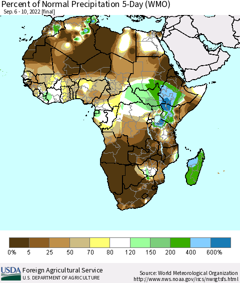 Africa Percent of Normal Precipitation 5-Day (WMO) Thematic Map For 9/6/2022 - 9/10/2022