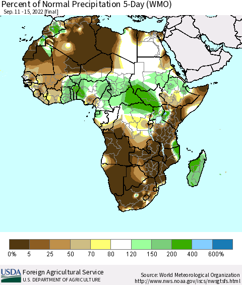 Africa Percent of Normal Precipitation 5-Day (WMO) Thematic Map For 9/11/2022 - 9/15/2022