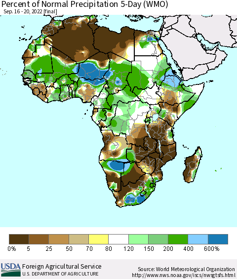 Africa Percent of Normal Precipitation 5-Day (WMO) Thematic Map For 9/16/2022 - 9/20/2022